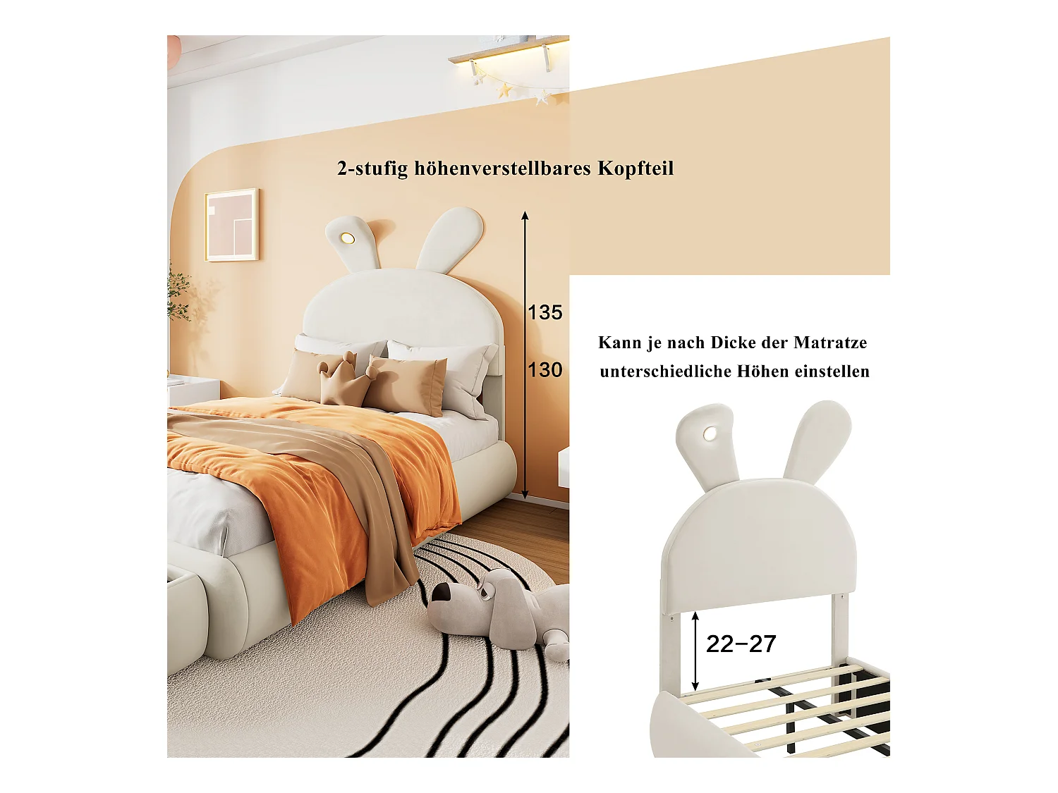 Lit capitonné en velours rose, design oreilles de lapin, avec éclairage LED réglable et rangement, 90x200 cm (237x104x135 cm)