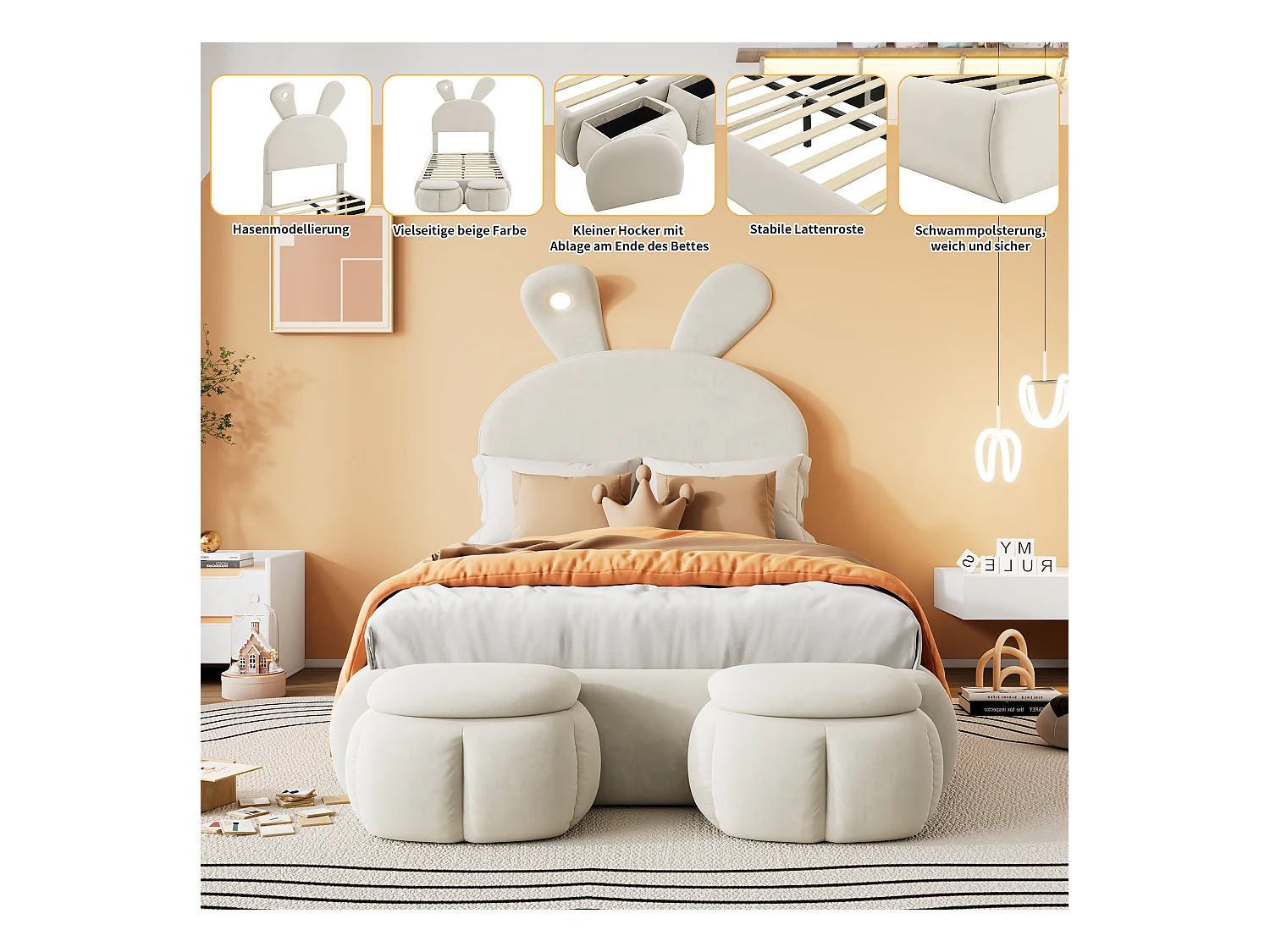 Lit capitonné en velours rose, design oreilles de lapin, avec éclairage LED réglable et rangement, 90x200 cm (237x104x135 cm)