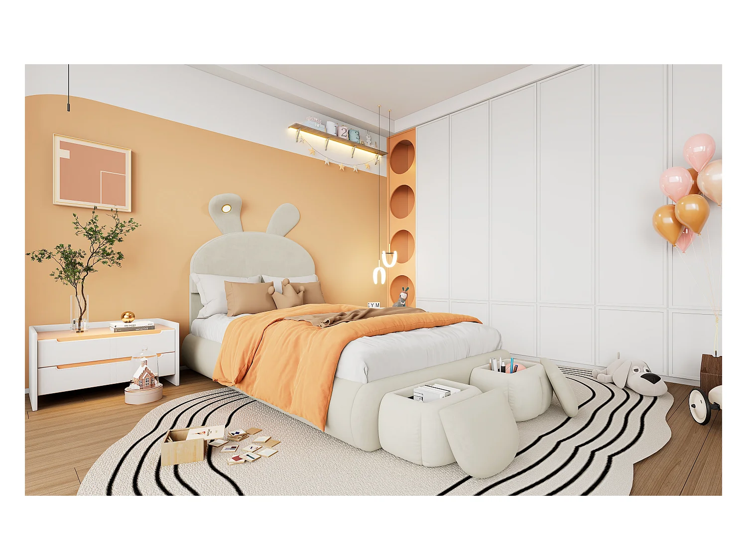 Lit capitonné en velours rose, design oreilles de lapin, avec éclairage LED réglable et rangement, 90x200 cm (237x104x135 cm)