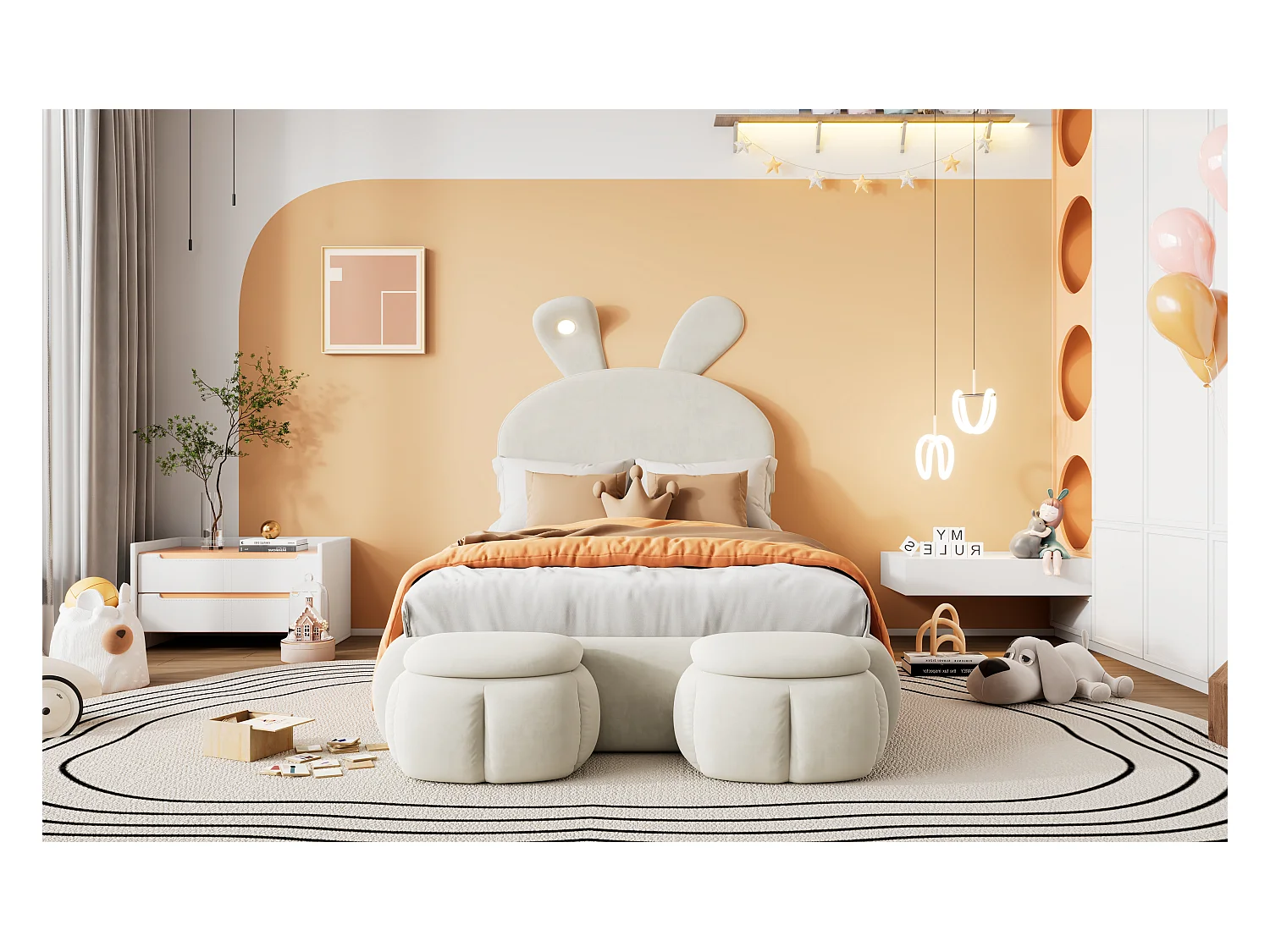 Lit capitonné en velours rose, design oreilles de lapin, avec éclairage LED réglable et rangement, 90x200 cm (237x104x135 cm)