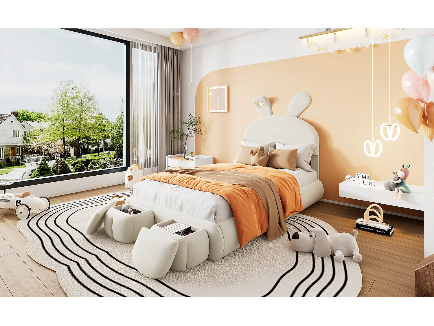 Lit capitonné en velours rose, design oreilles de lapin, avec éclairage LED réglable et rangement, 90x200 cm (237x104x135 cm)