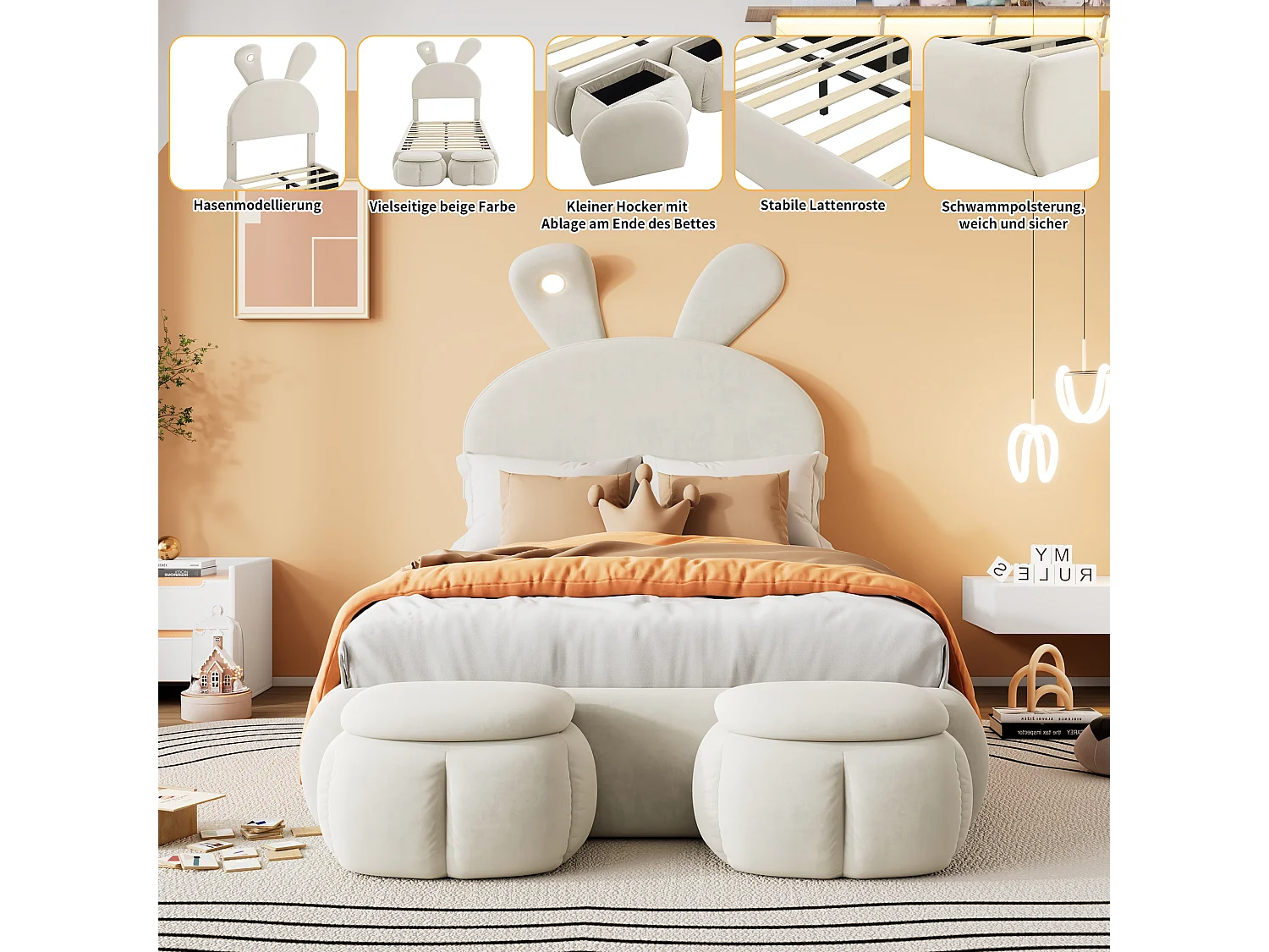 Lit capitonné en velours rose, design oreilles de lapin, avec éclairage LED réglable et rangement, 90x200 cm (237x104x135 cm)