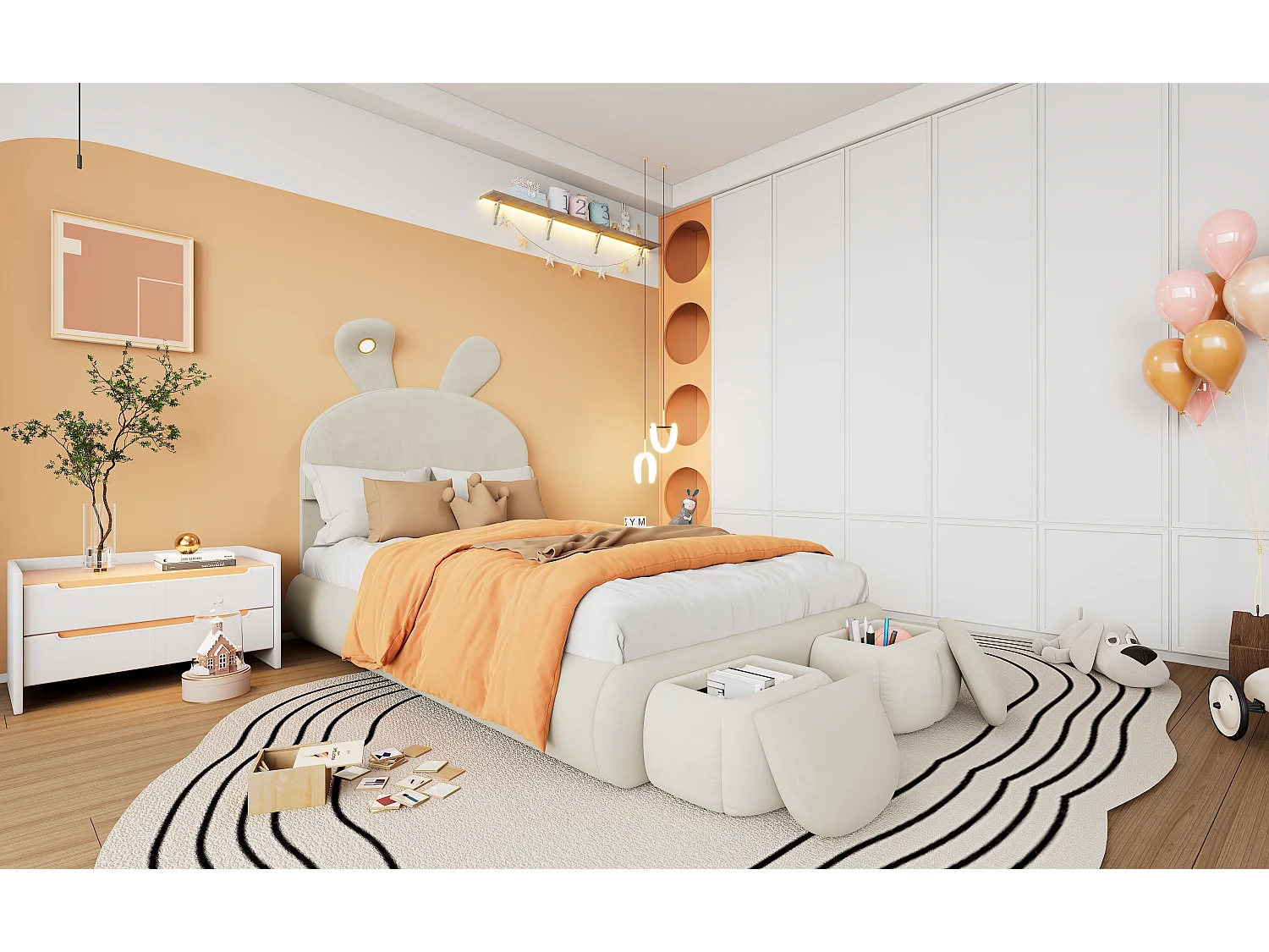 Lit capitonné en velours rose, design oreilles de lapin, avec éclairage LED réglable et rangement, 90x200 cm (237x104x135 cm)