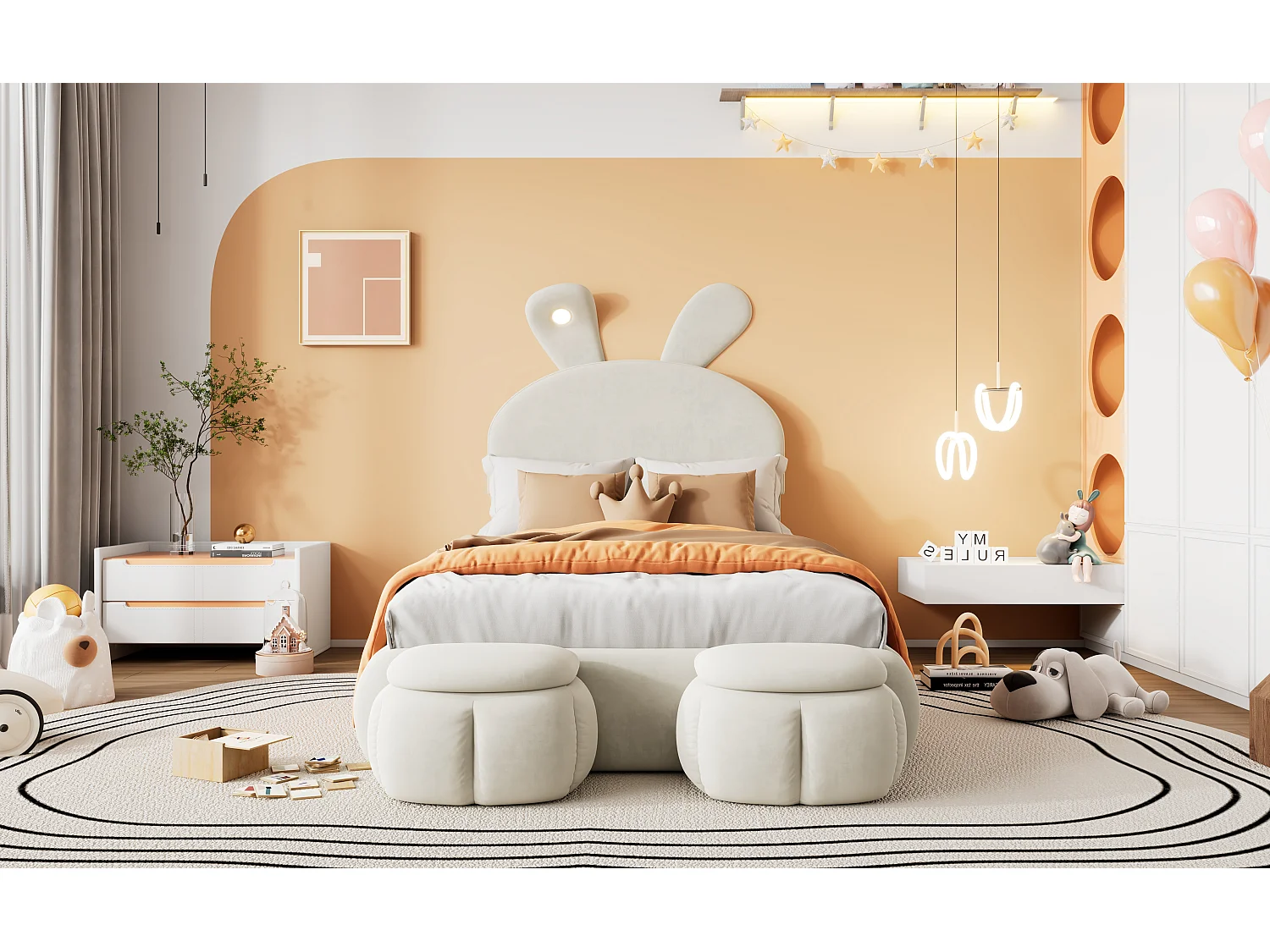 Lit capitonné en velours rose, design oreilles de lapin, avec éclairage LED réglable et rangement, 90x200 cm (237x104x135 cm)