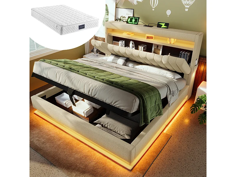 Lit 140x200 cm avec tête de lit de rangement, ports USB et Type-C, éclairage LED, stockage hydraulique, lin beige, avec matelas (218x142x112 cm)