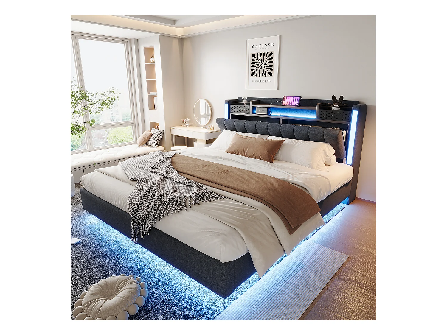 Gestoffeerd bed met LED, USB-aansluiting, opbergruimte in het hoofdeinde, grijs linnen, zwevend design (222,5x165,5x111 cm)