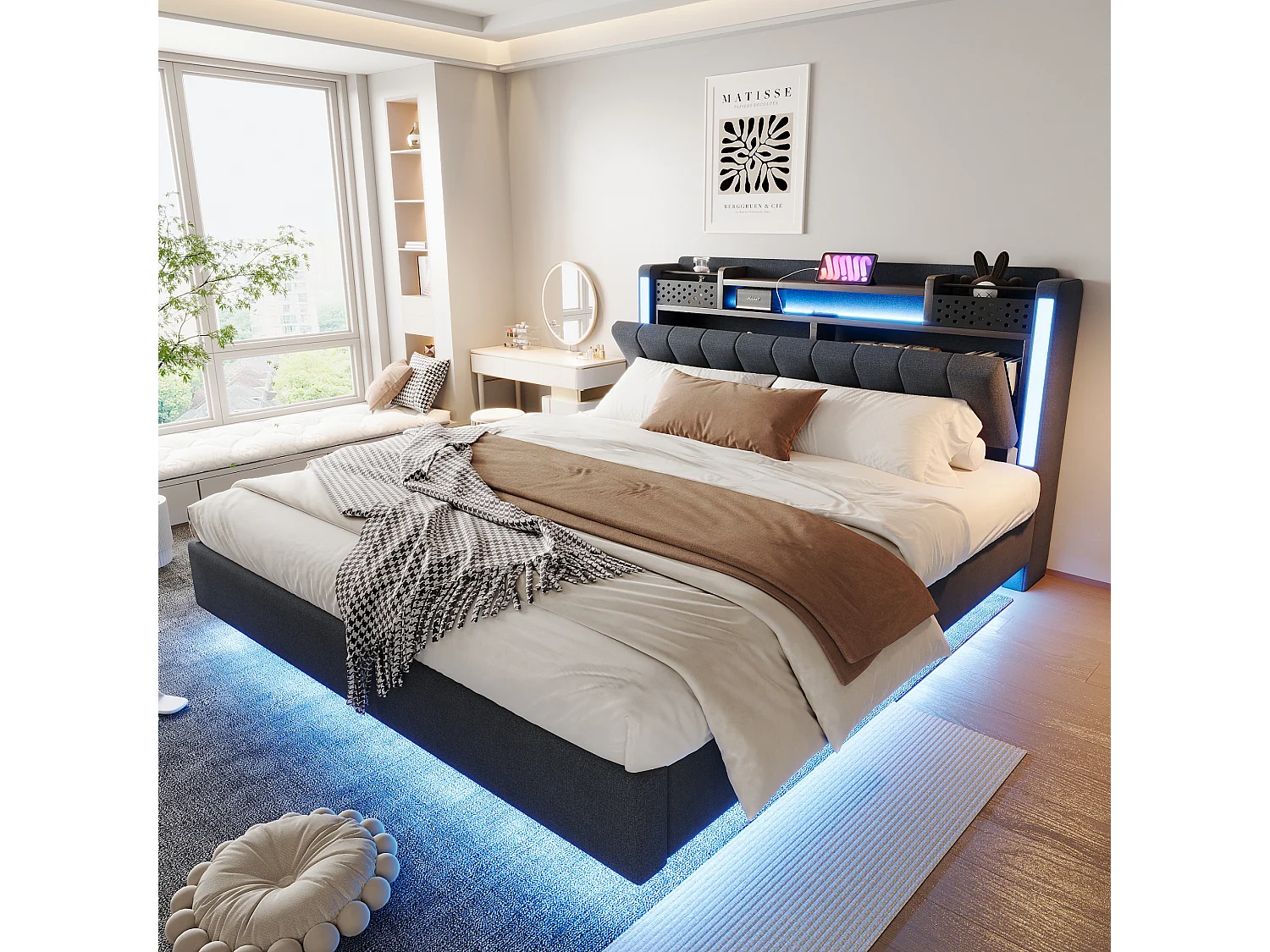 Lit tapissier avec LED, prise USB, rangement tête de lit, lin gris, design flottant (222.5x165.5x111 cm)