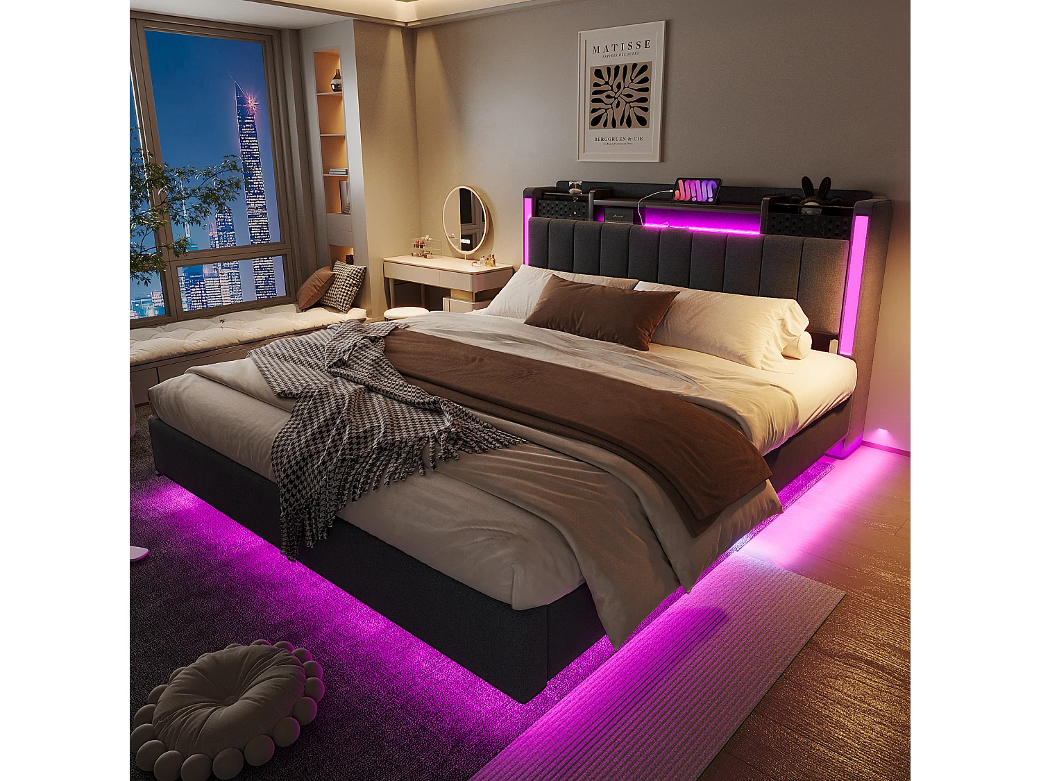 Lit tapissier avec LED, prise USB, rangement tête de lit, lin gris, design flottant (222.5x165.5x111 cm)