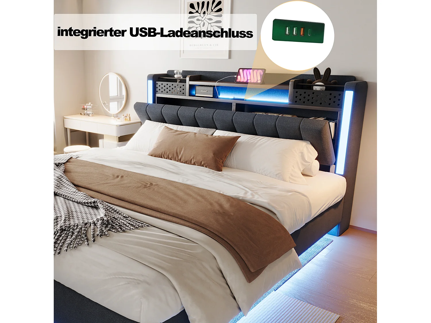 Lit tapissier avec LED, prise USB, rangement tête de lit, lin gris, design flottant (222.5x165.5x111 cm)