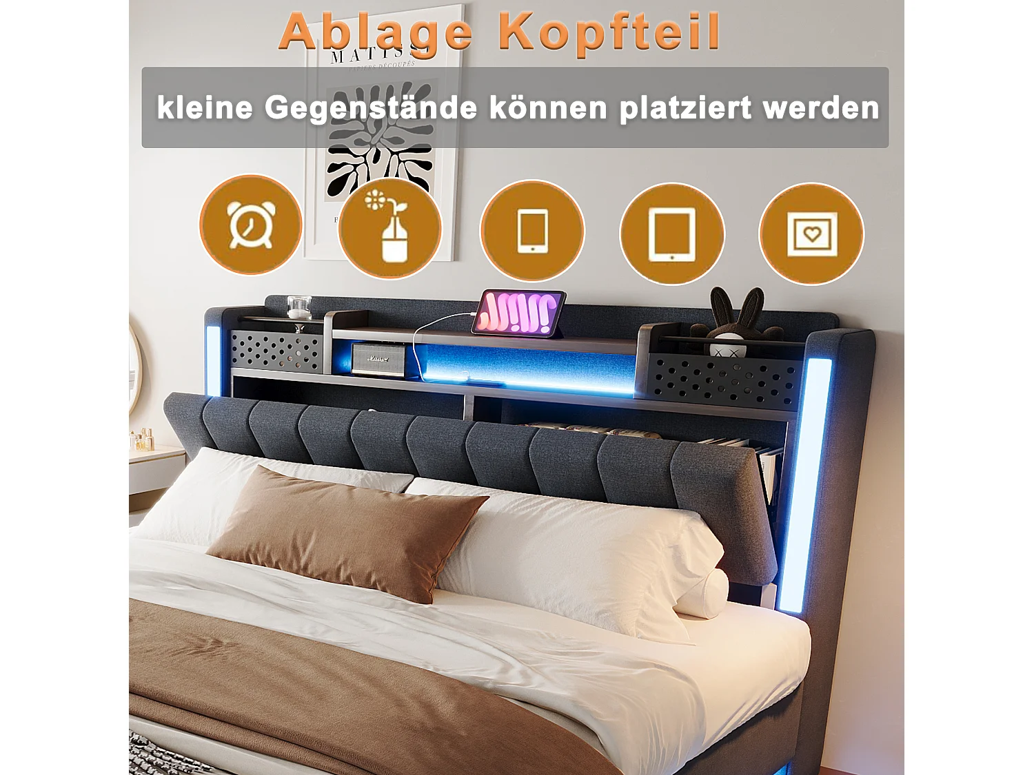 Lit tapissier avec LED, prise USB, rangement tête de lit, lin gris, design flottant (222.5x165.5x111 cm)