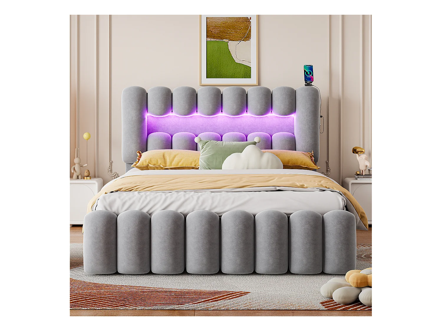 Lit avec 4 tiroirs, 160x200 cm, avec LED et haut-parleurs, port USB, tissu velours, Gris (221x171x131.5 cm)