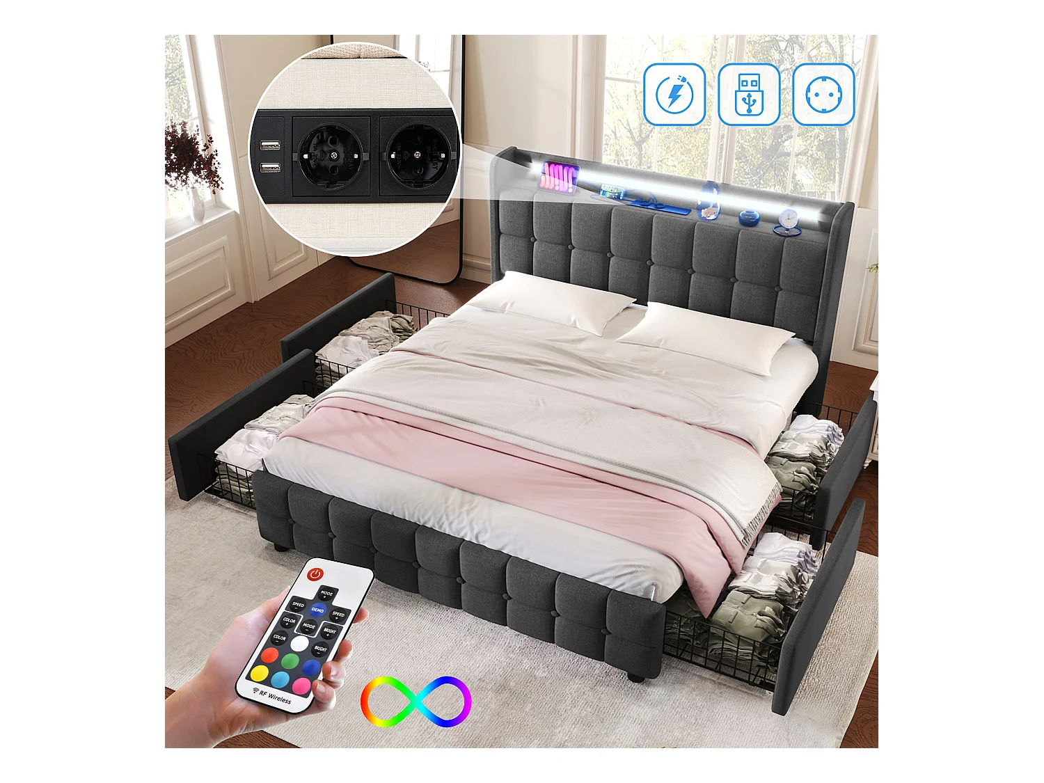 Lit tapissé LED avec recharge USB, 4 tiroirs, bois, gris (164.5x220x103.5cm)