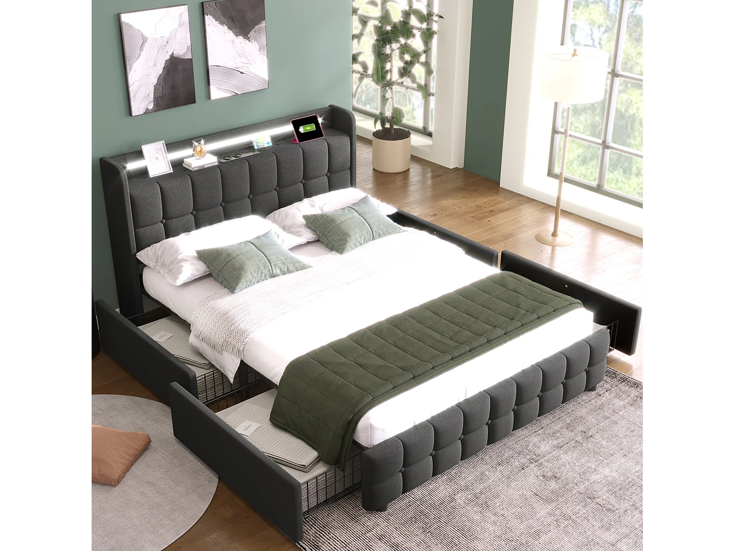 Lit tapissé LED avec recharge USB, 4 tiroirs, bois, gris (164.5x220x103.5cm)