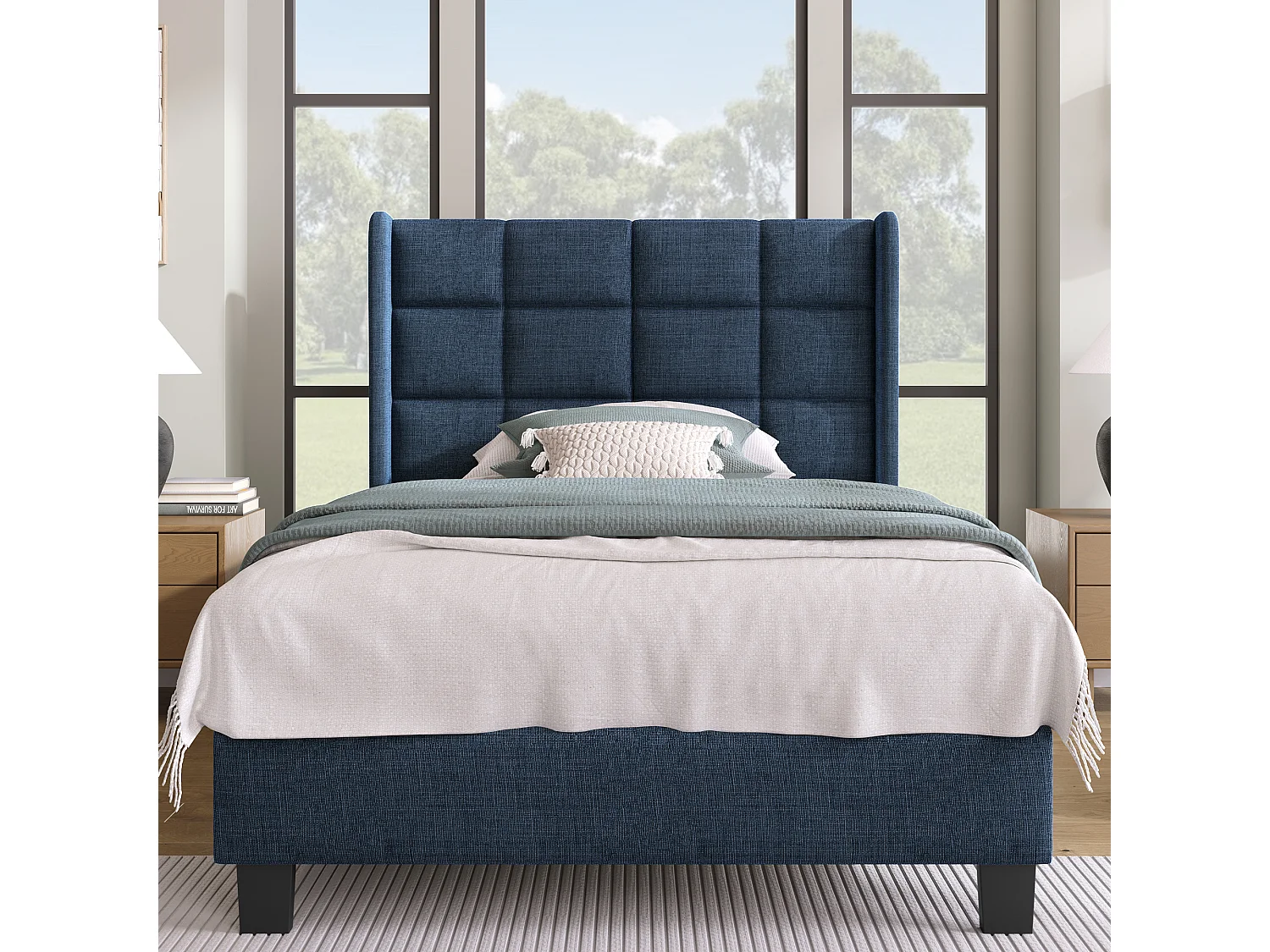 Letto singolo imbottito dal design moderno, testiera imbottita, lino blu (97x208x111cm)