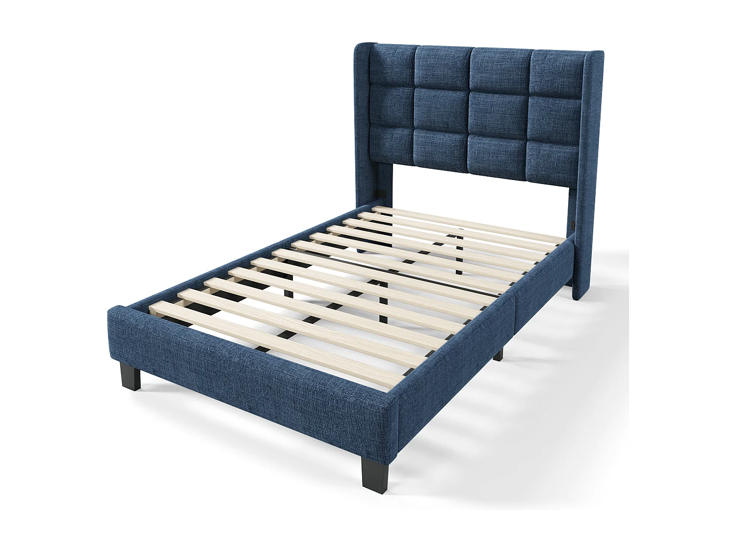 Letto singolo imbottito dal design moderno, testiera imbottita, lino blu (97x208x111cm)