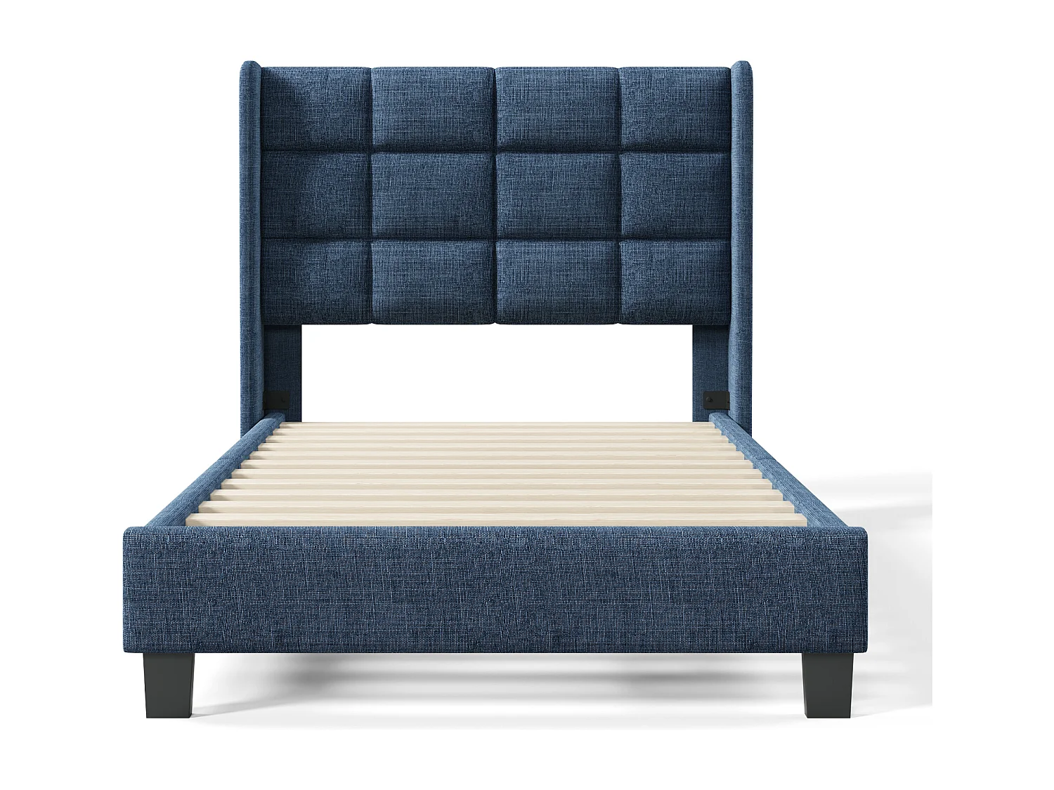 Letto singolo imbottito dal design moderno, testiera imbottita, lino blu (97x208x111cm)