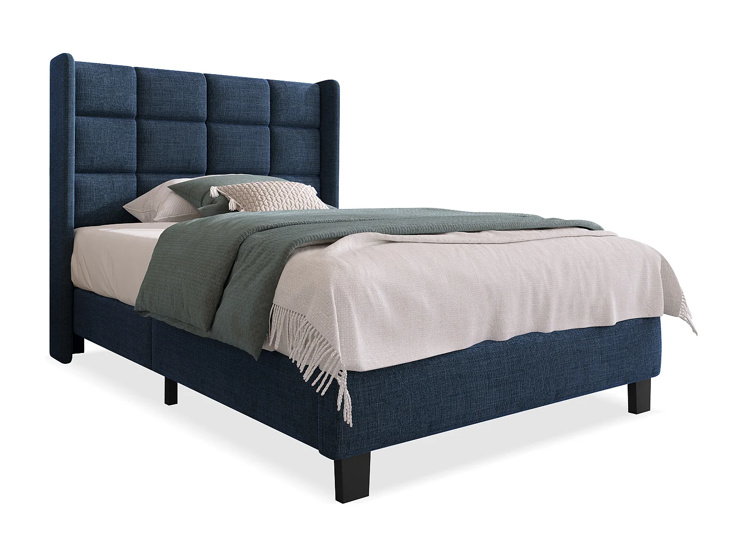 Letto singolo imbottito dal design moderno, testiera imbottita, lino blu (97x208x111cm)