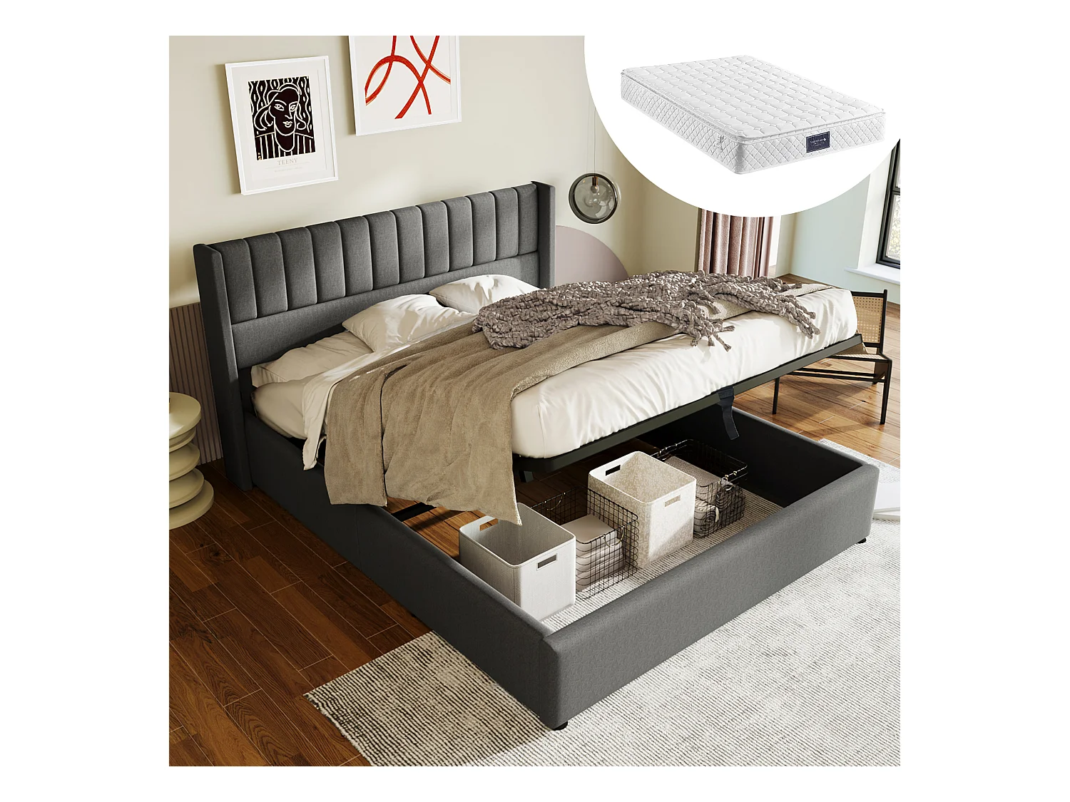 Lit coffre double avec tête de lit USB Type C, structure en lin beige (186x208x107cm)