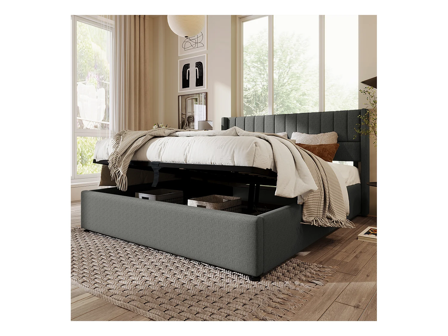 Lit coffre double avec tête de lit USB Type C, structure en lin beige (186x208x107cm)