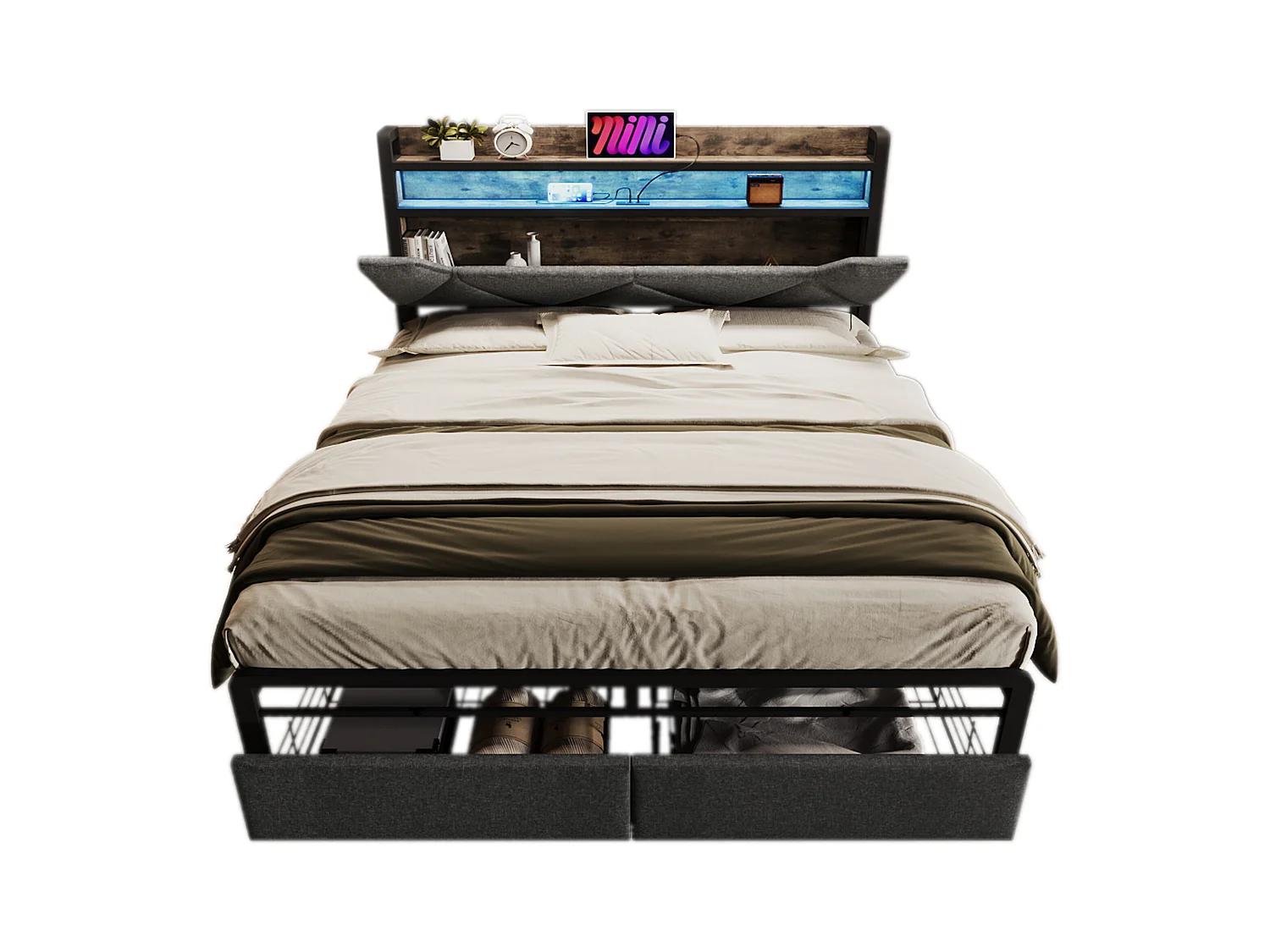 Lit double avec USB Type-C, rangement tête de lit, LED, lin, gris (141x217x110cm)