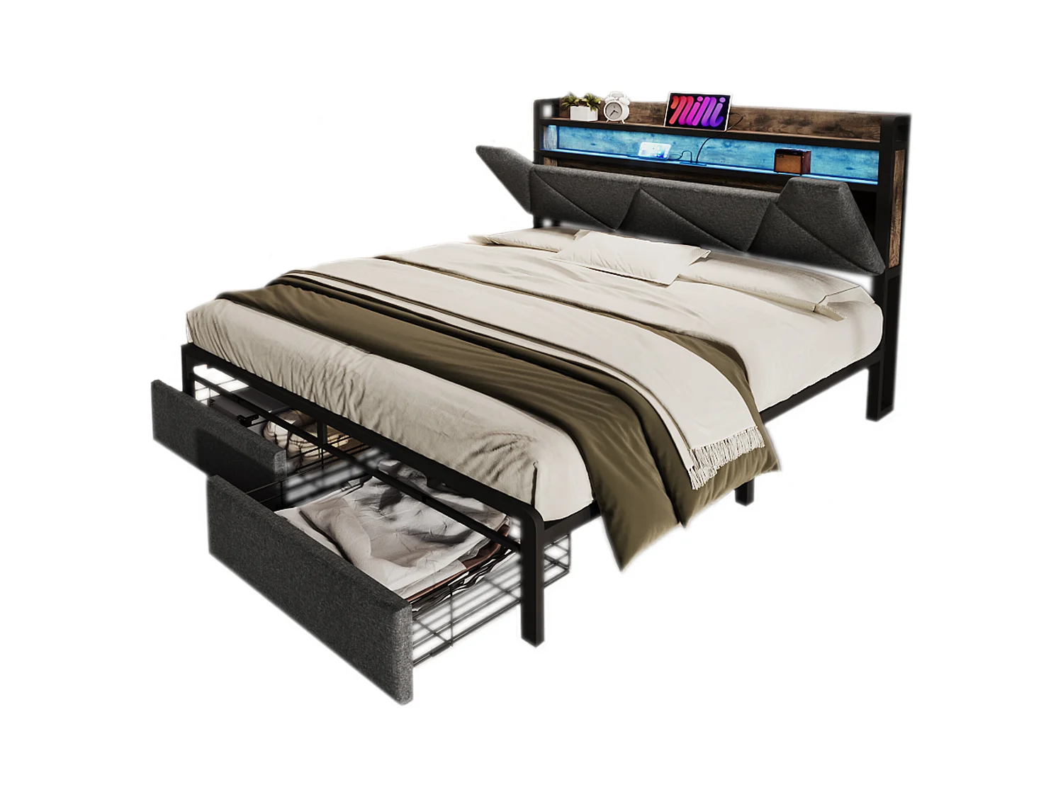 Lit double avec USB Type-C, rangement tête de lit, LED, lin, gris (141x217x110cm)