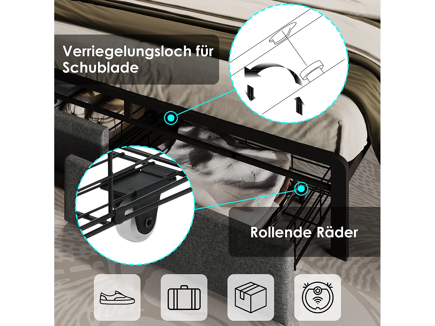 Tweepersoonsbed met USB Type-C, opbergruimte in hoofdeinde, LED, linnen, grijs (141x217x110cm)