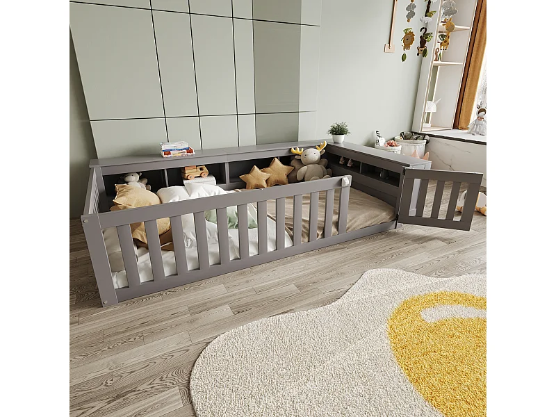 Lit enfant 90x200, avec toit, fenêtres, rangements et barrière de sécurité, bois massif, gris (222.6x112x45 cm)