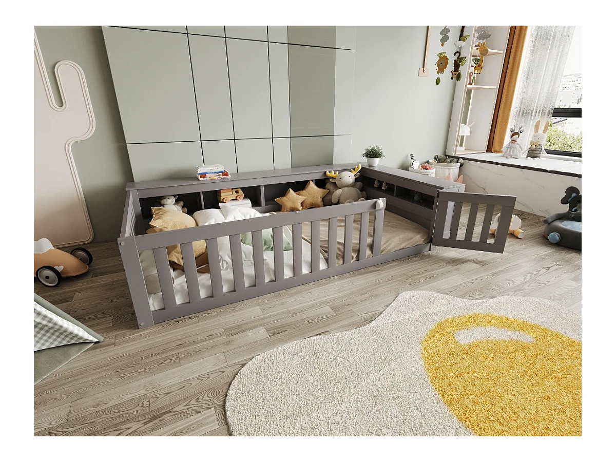 Lit enfant 90x200, avec toit, fenêtres, rangements et barrière de sécurité, bois massif, gris (222.6x112x45 cm)