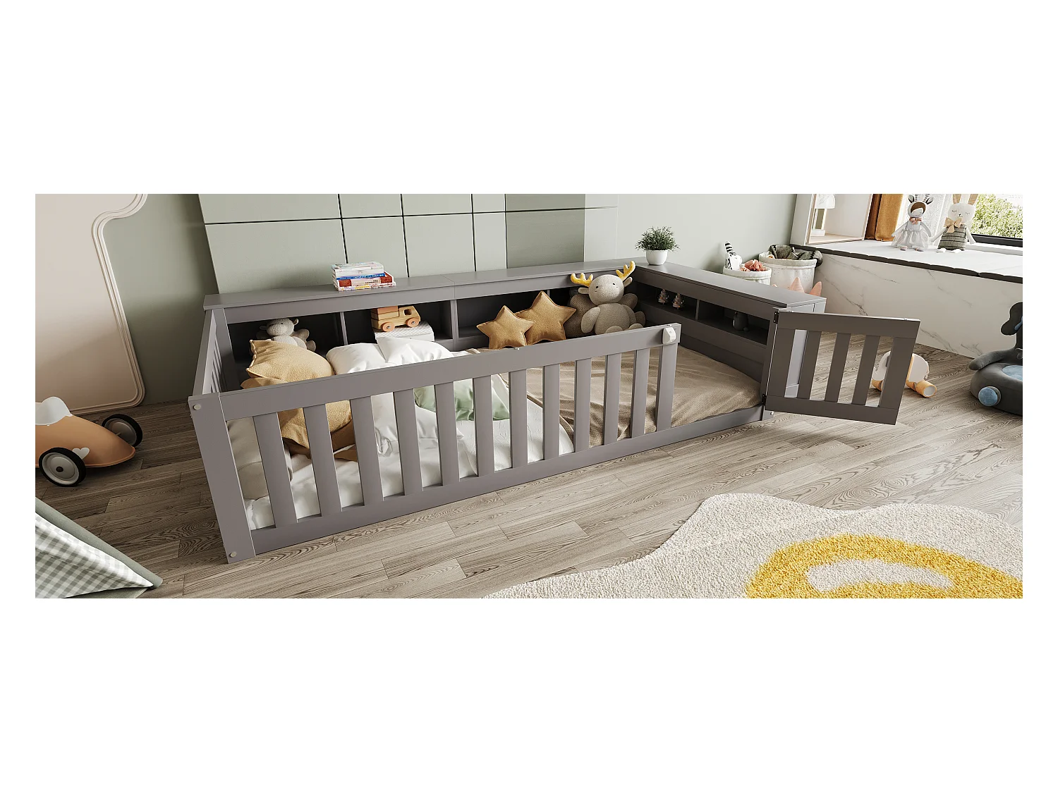 Lit enfant 90x200, avec toit, fenêtres, rangements et barrière de sécurité, bois massif, gris (222.6x112x45 cm)