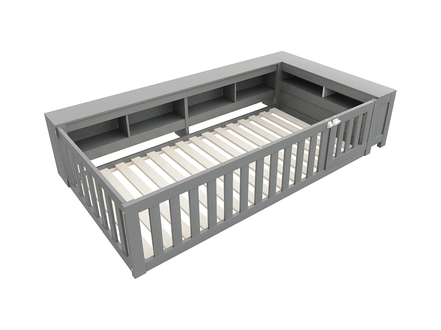 Lit enfant 90x200, avec toit, fenêtres, rangements et barrière de sécurité, bois massif, gris (222.6x112x45 cm)