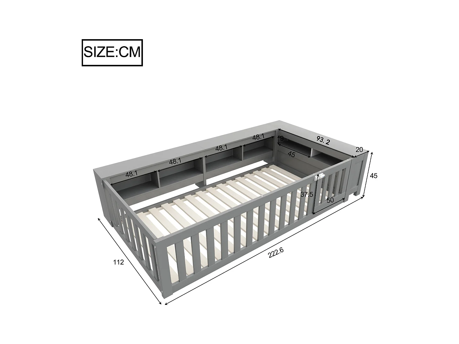 Lit enfant 90x200, avec toit, fenêtres, rangements et barrière de sécurité, bois massif, gris (222.6x112x45 cm)