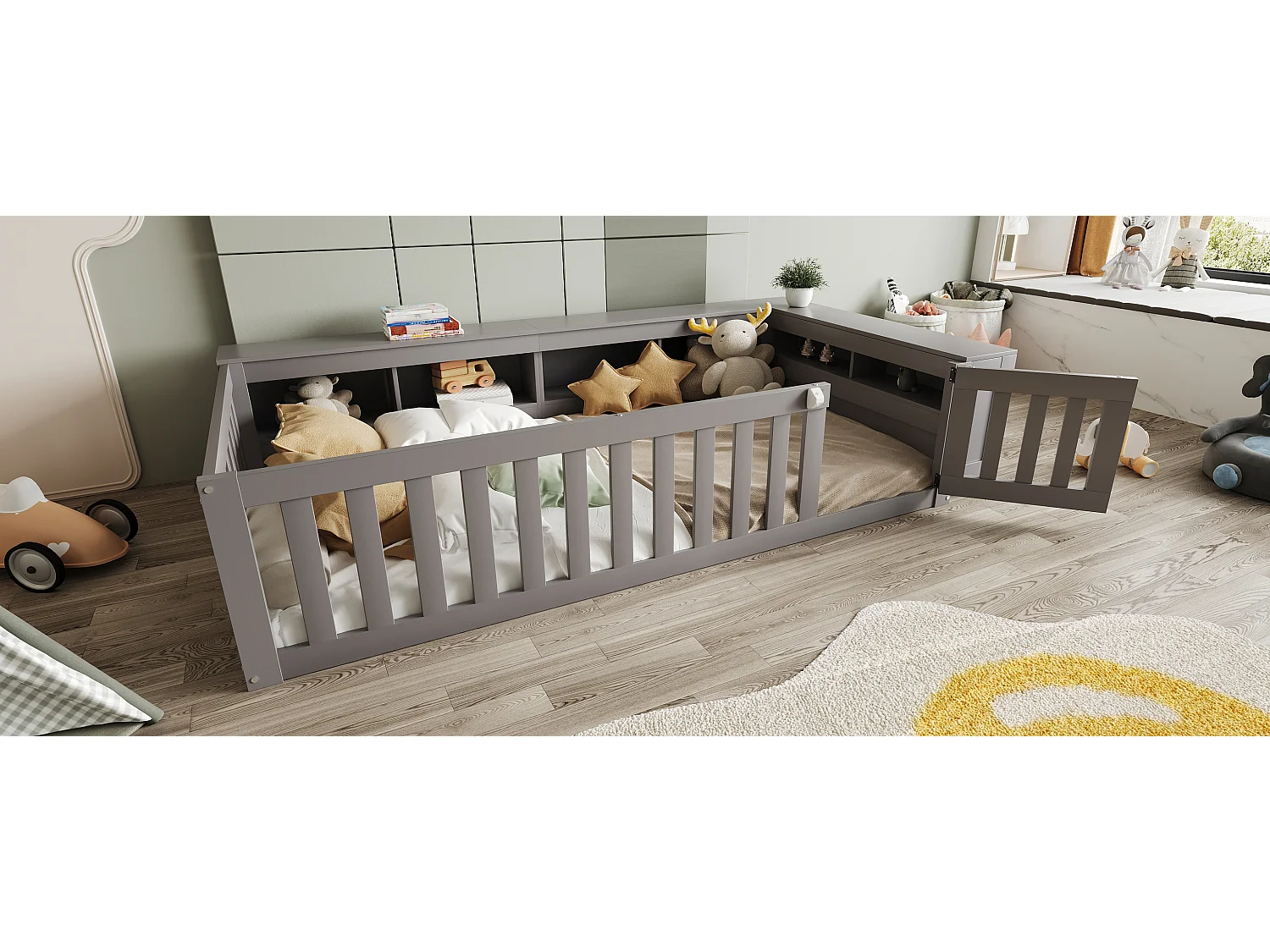 Lit enfant 90x200, avec toit, fenêtres, rangements et barrière de sécurité, bois massif, gris (222.6x112x45 cm)