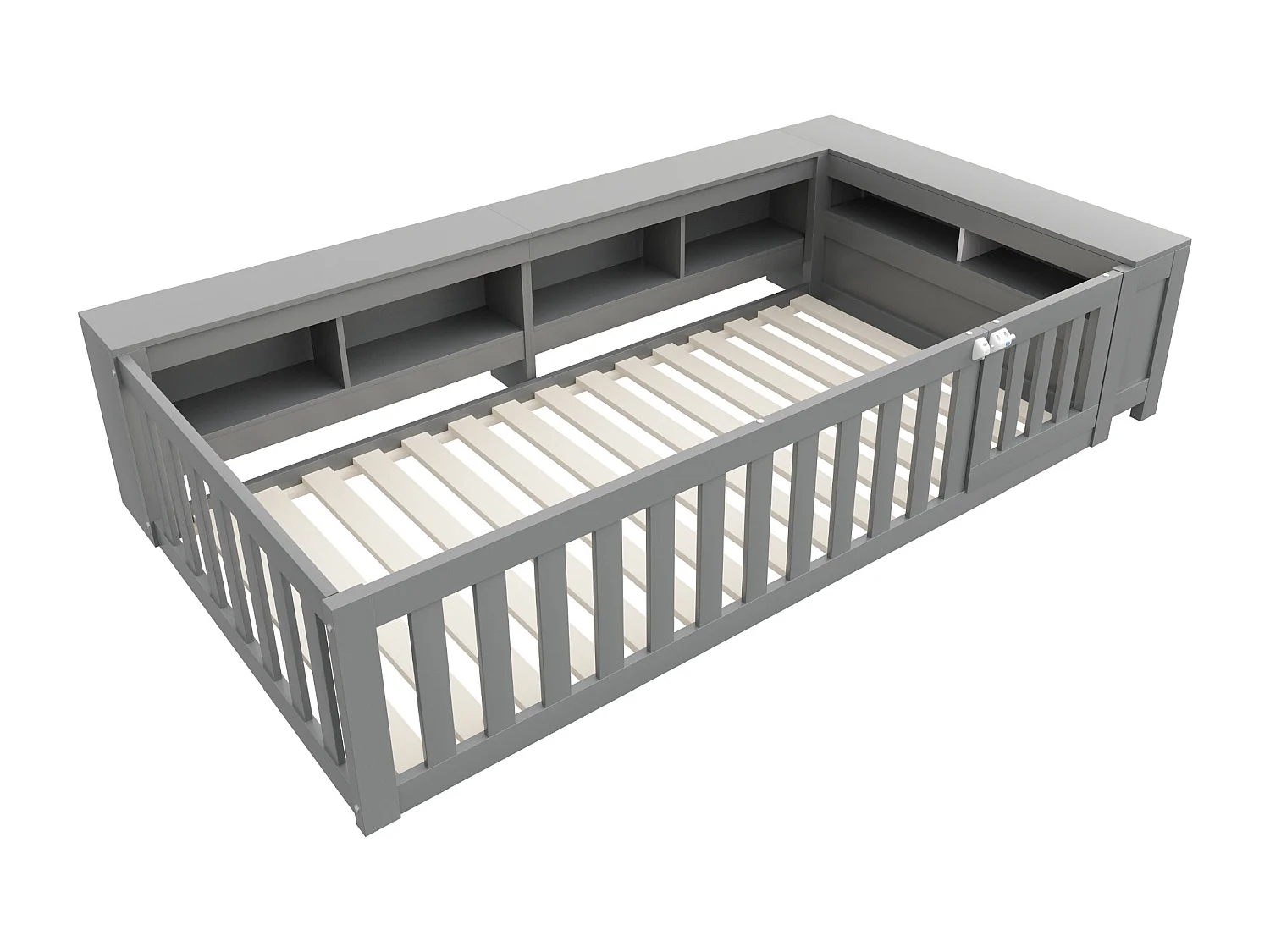 Lit enfant 90x200, avec toit, fenêtres, rangements et barrière de sécurité, bois massif, gris (222.6x112x45 cm)