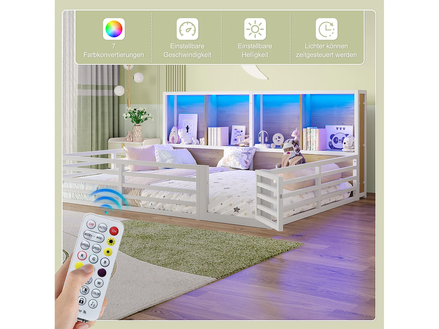 Platformbed met zijhekken, opbergruimte aan de zijkant, frame van metaal en MDF, wit (204x158x80,5 cm)