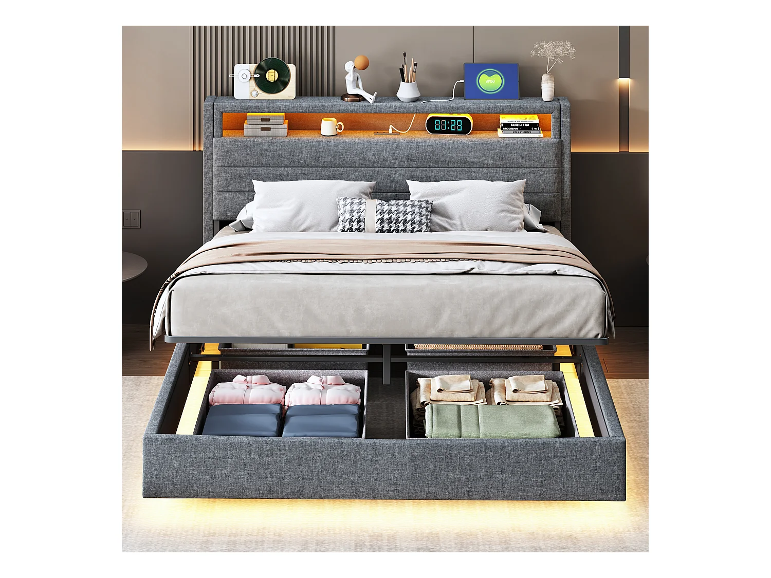 Lit avec tête inclinable 140x200 cm, cadre flottant hydraulique avec rangement, USB et LED, tissu gris (214x141x110 cm)