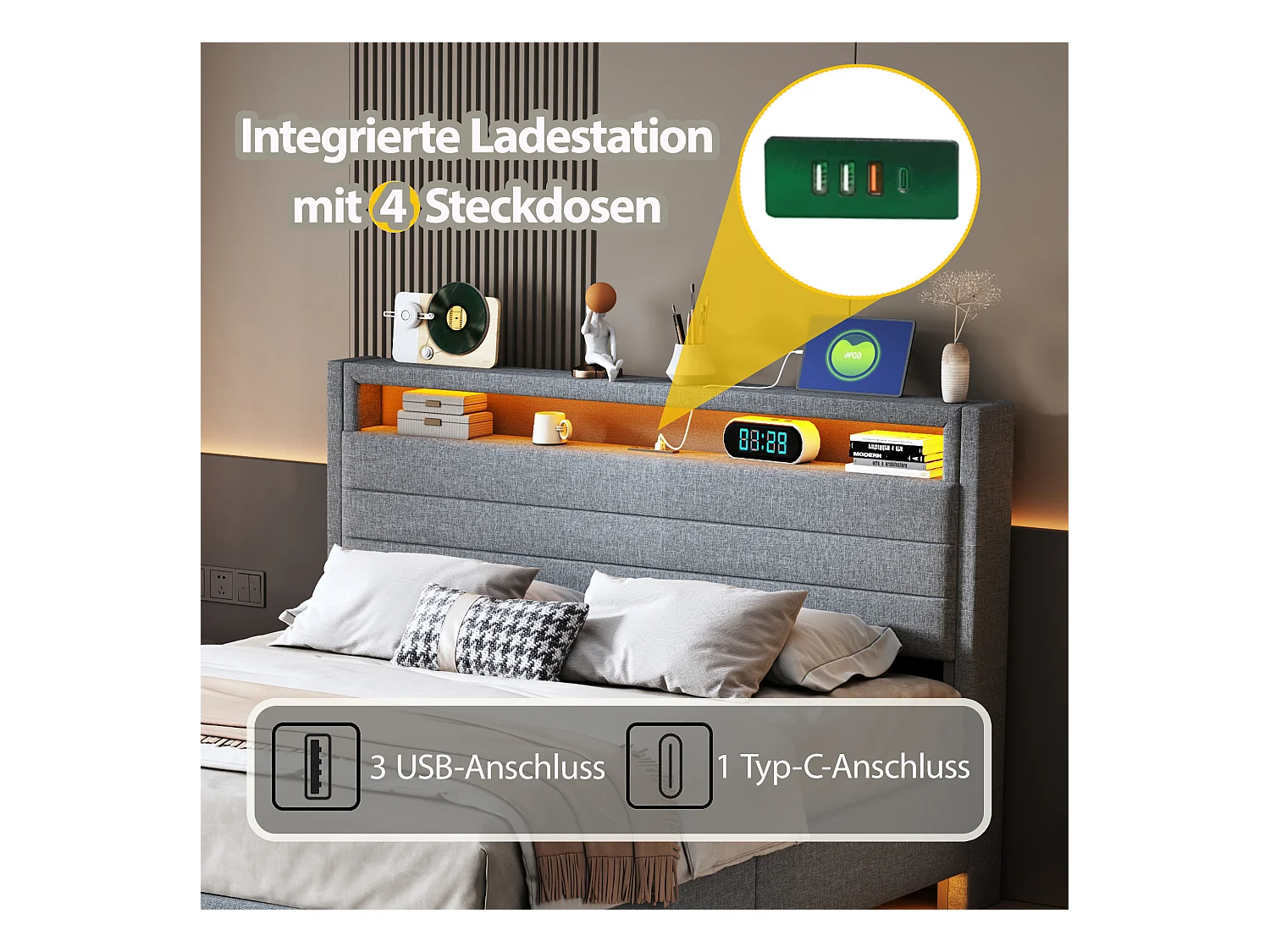 Lit avec tête inclinable 140x200 cm, cadre flottant hydraulique avec rangement, USB et LED, tissu gris (214x141x110 cm)