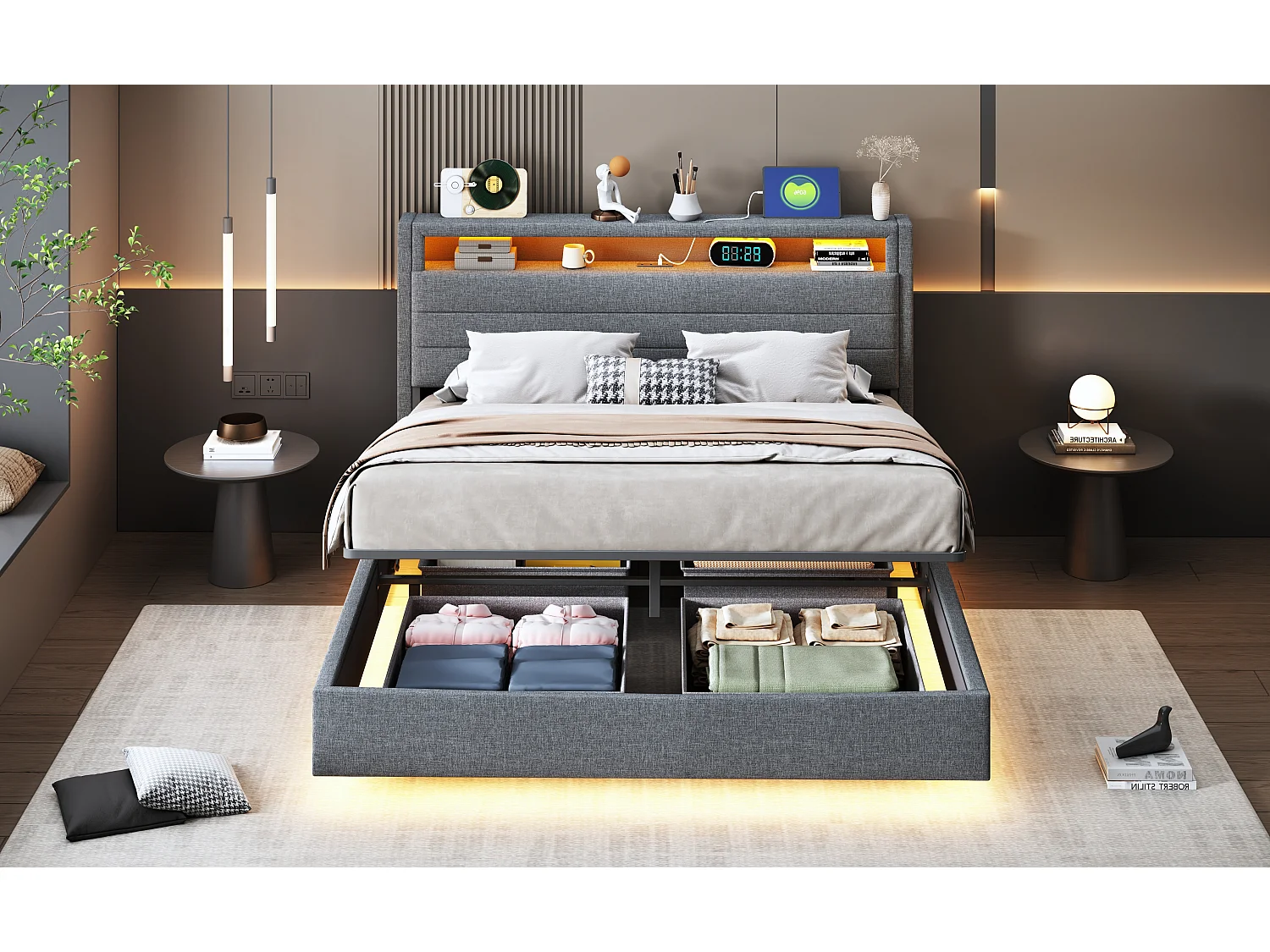 Lit avec tête inclinable 140x200 cm, cadre flottant hydraulique avec rangement, USB et LED, tissu gris (214x141x110 cm)