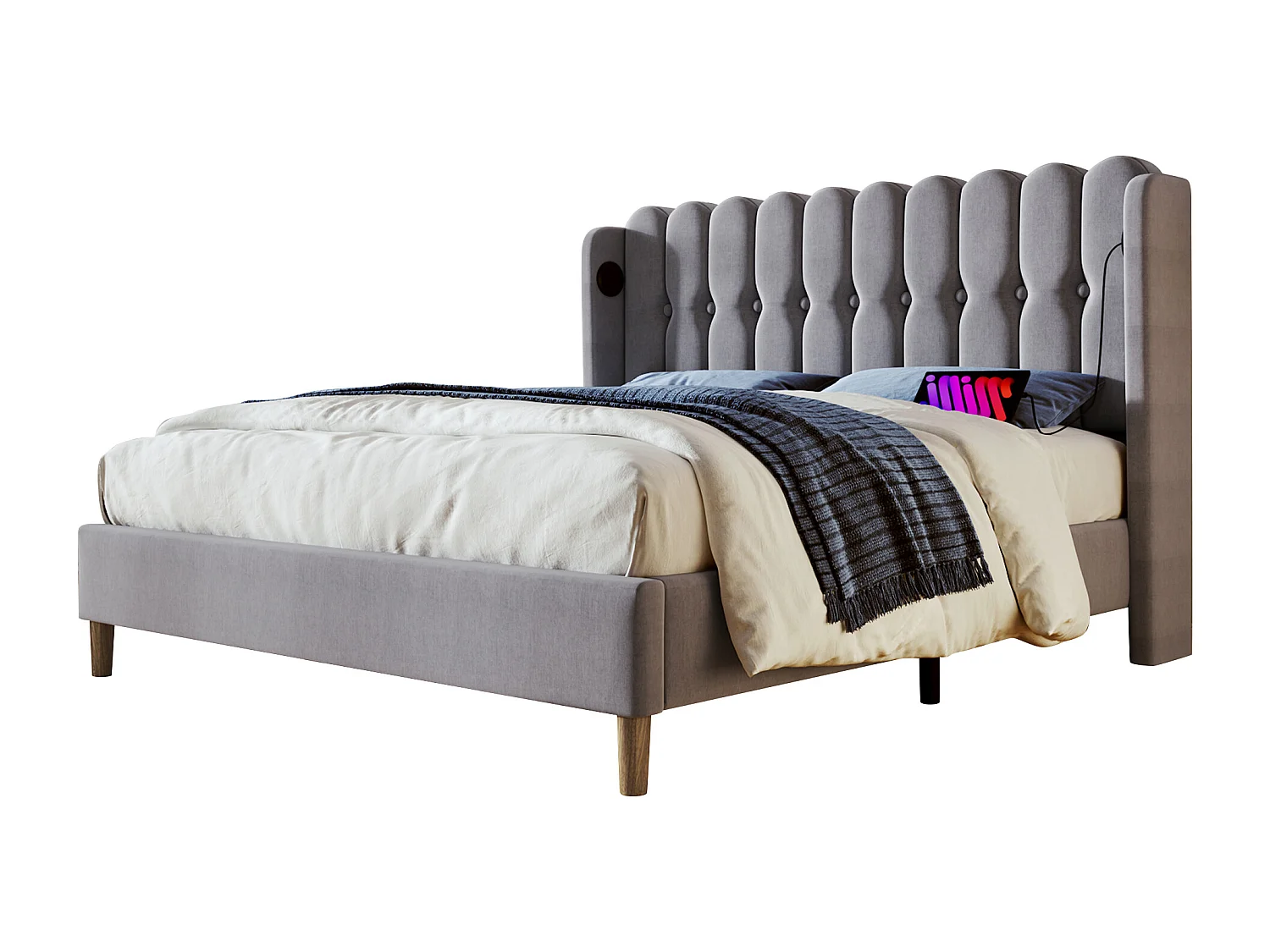 Letto matrimoniale con funzione di ricarica USB Type C, struttura in lino grigio, base in legno (153x208x103cm)