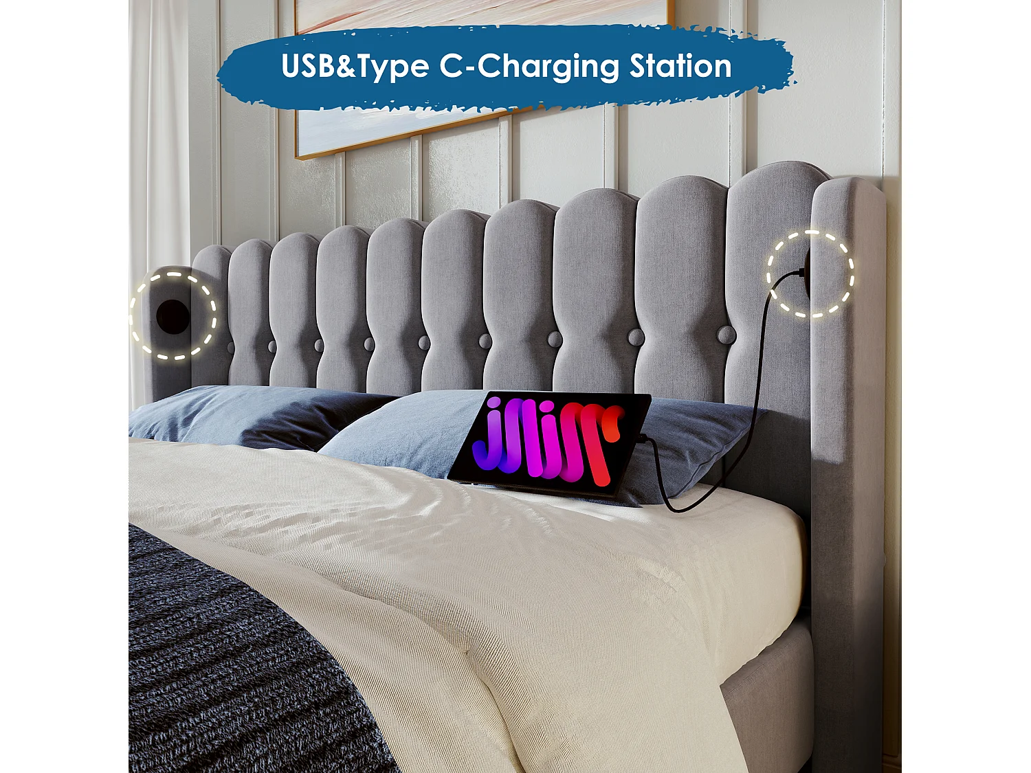 Lit double avec fonction charge USB Type C, cadre en lin gris, sommier bois (153x208x103cm)