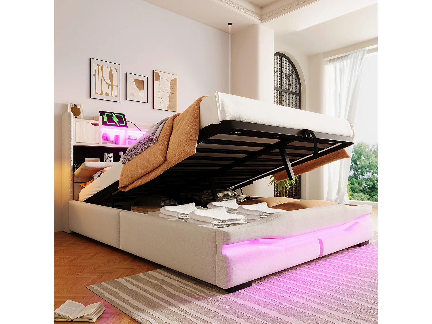 Letto con contenitore idraulico, 140x200cm, testiera con contenitore, funzione di ricarica USB, illuminazione a LED, beige (218x145x110 cm)