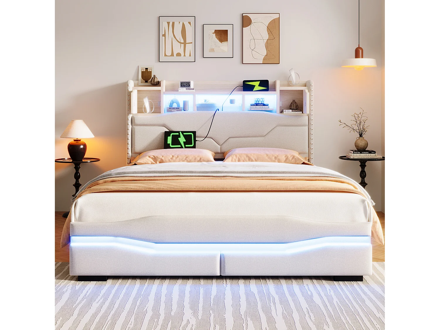 Letto con contenitore idraulico, 140x200cm, testiera con contenitore, funzione di ricarica USB, illuminazione a LED, beige (218x145x110 cm)
