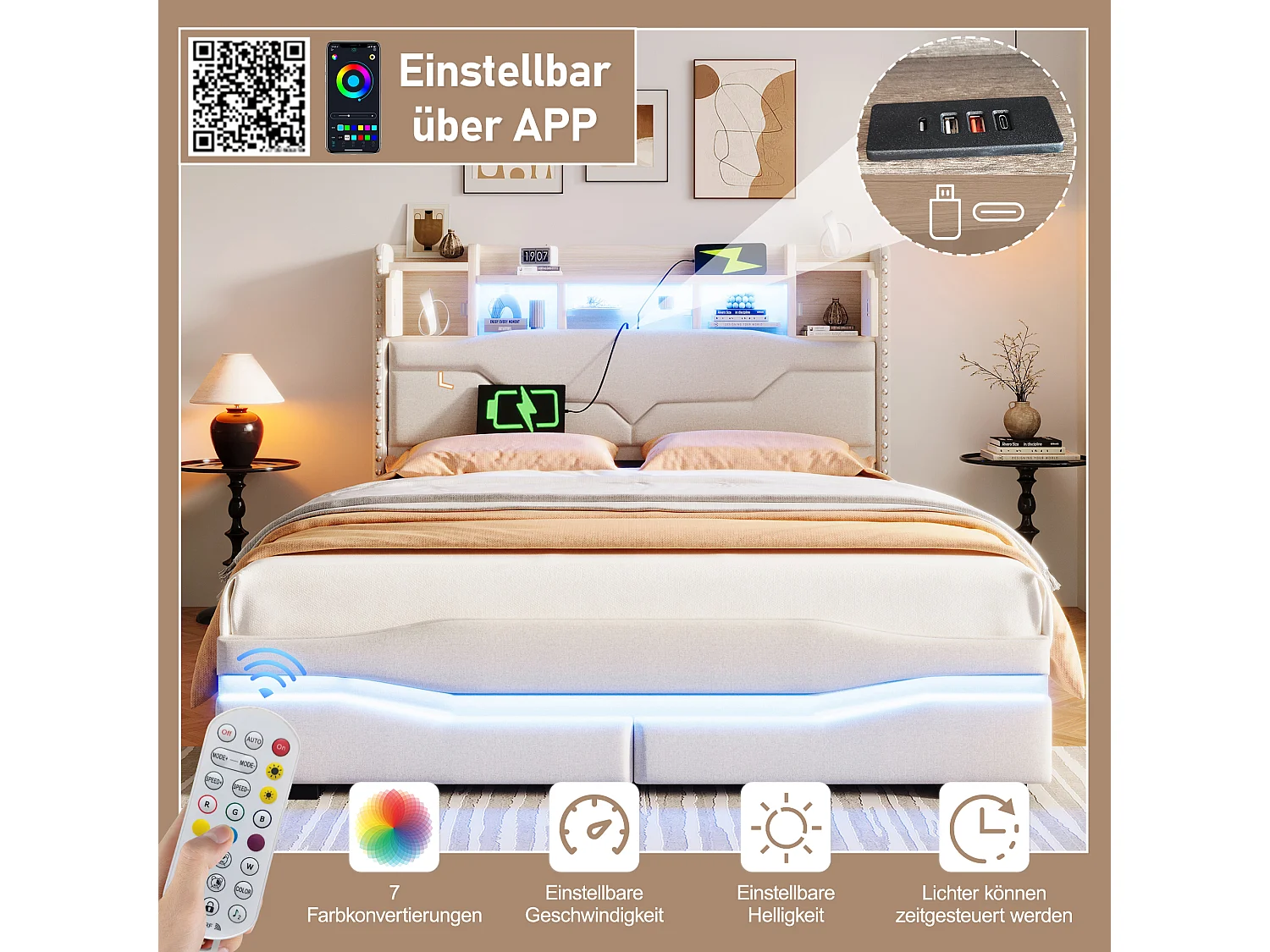 Letto con contenitore idraulico, 140x200cm, testiera con contenitore, funzione di ricarica USB, illuminazione a LED, beige (218x145x110 cm)