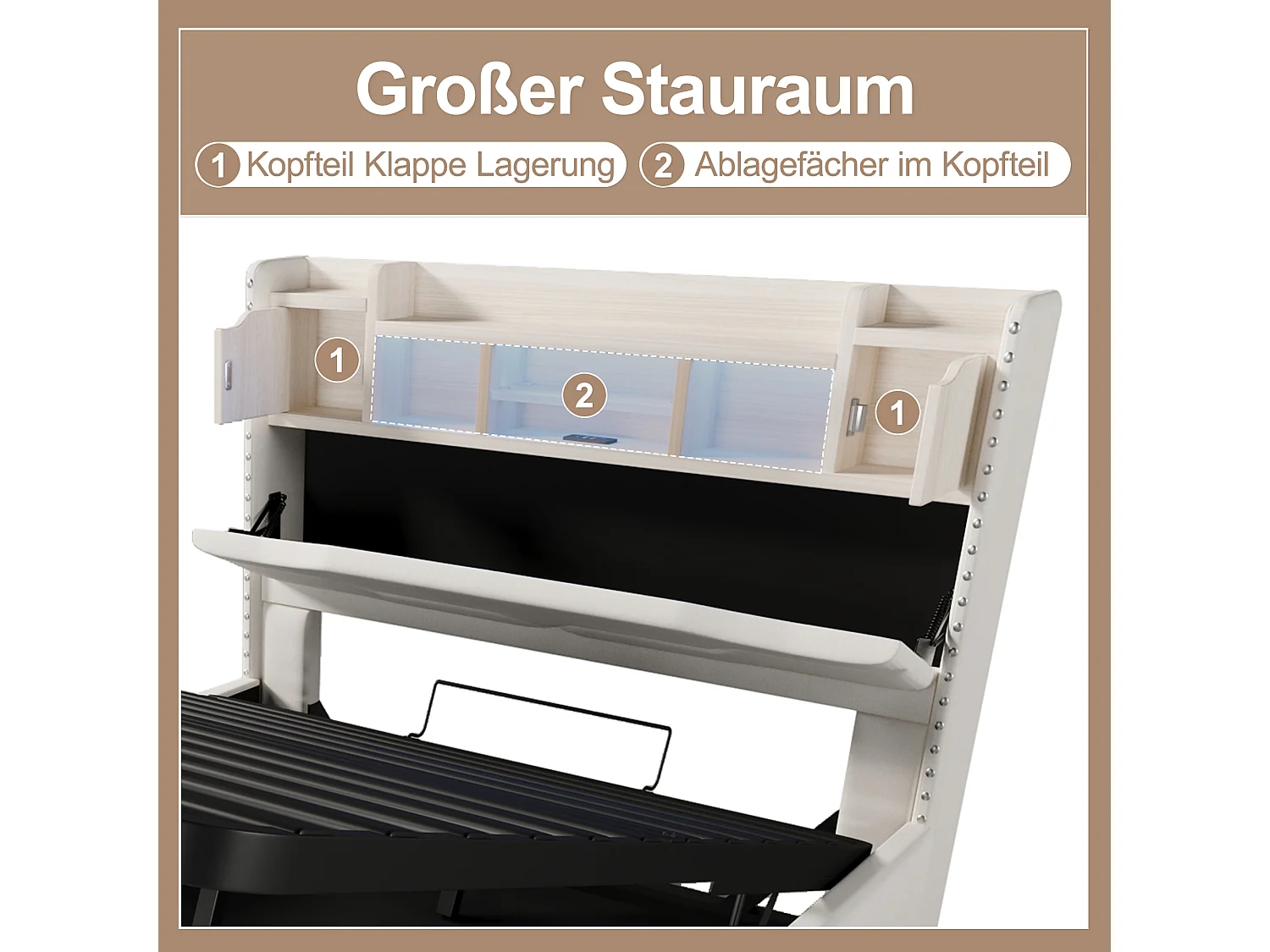 Letto con contenitore idraulico, 140x200cm, testiera con contenitore, funzione di ricarica USB, illuminazione a LED, beige (218x145x110 cm)