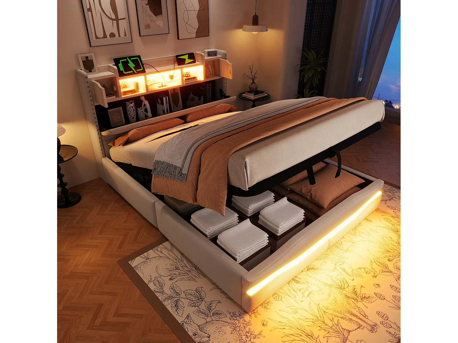 Lit avec rangement hydraulique, 140x200cm, Tête de lit avec stockage, Fonction de charge USB, Éclairage LED, Beige (218x145x110 cm)