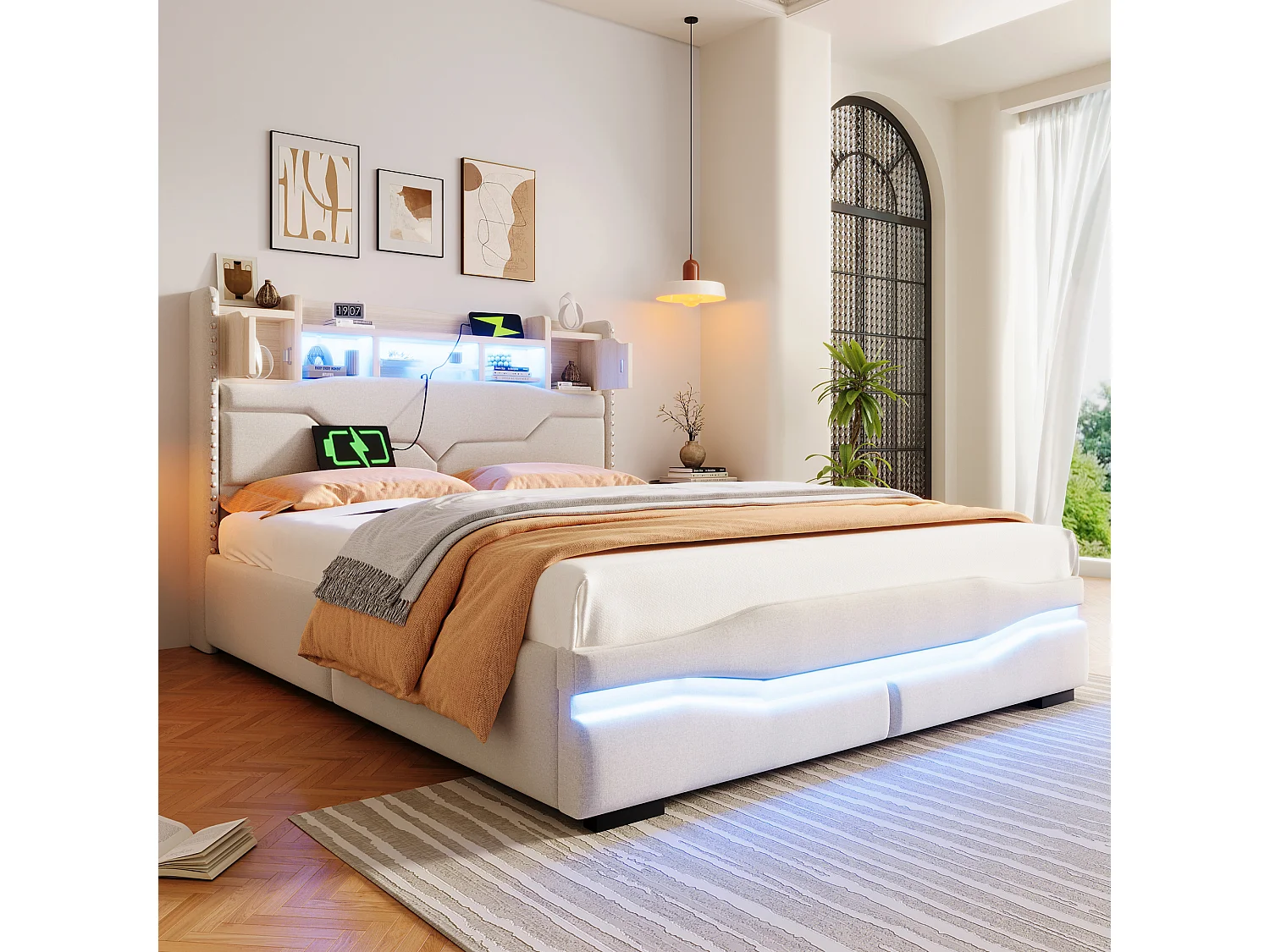 Lit avec rangement hydraulique, 140x200cm, Tête de lit avec stockage, Fonction de charge USB, Éclairage LED, Beige (218x145x110 cm)