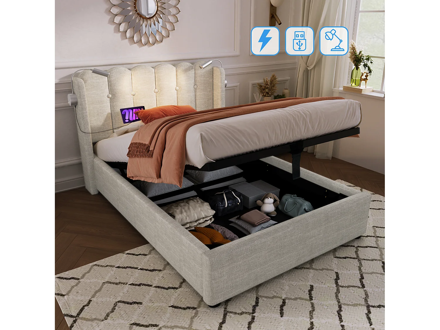 Lit simple avec liseuse et fonction chargeur, structure en lin naturel, rangement intégré, 90x200x95cm