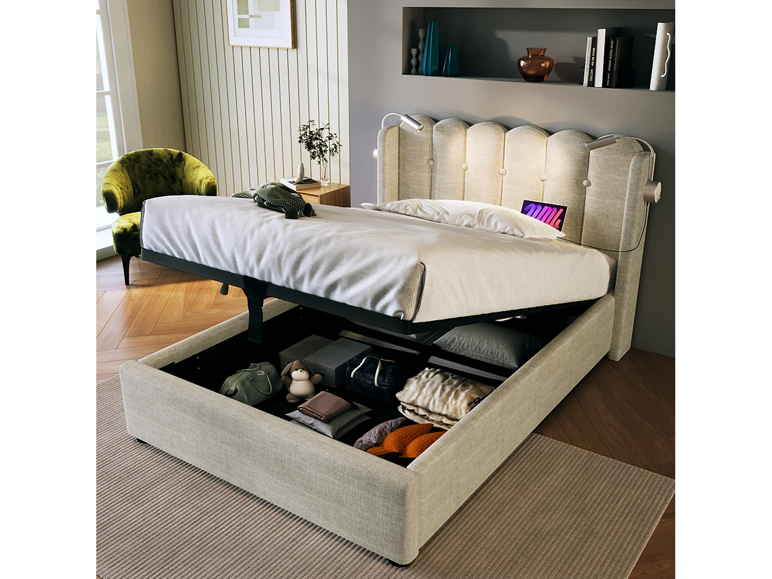 Lit simple avec liseuse et fonction chargeur, structure en lin naturel, rangement intégré, 90x200x95cm