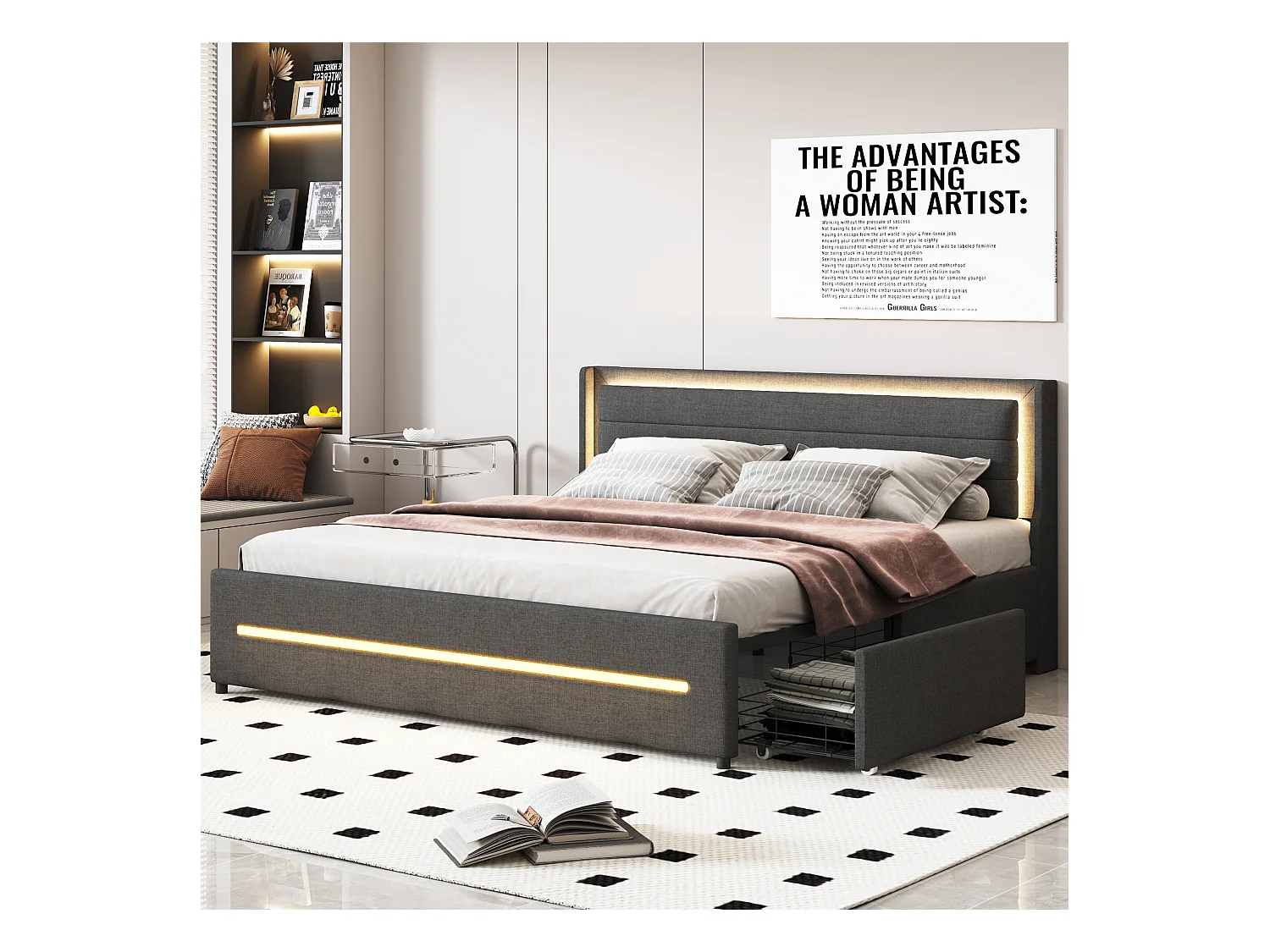 Lit tapissier 180 x 200 cm avec LED multicolores, 4 tiroirs de rangement, tissu en lin, lit double avec sommier à lattes, Gris (208 x 184 x 103 cm)