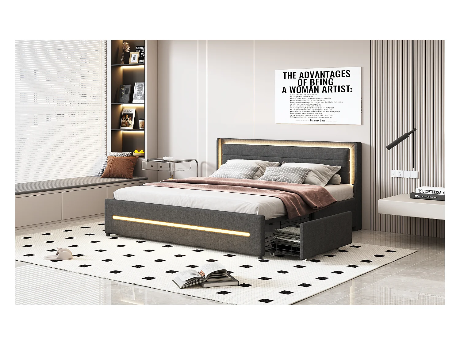 Lit tapissier 180 x 200 cm avec LED multicolores, 4 tiroirs de rangement, tissu en lin, lit double avec sommier à lattes, Gris (208 x 184 x 103 cm)