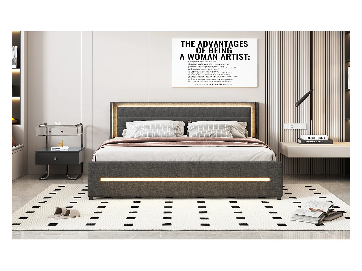 Lit tapissier 180 x 200 cm avec LED multicolores, 4 tiroirs de rangement, tissu en lin, lit double avec sommier à lattes, Gris (208 x 184 x 103 cm)